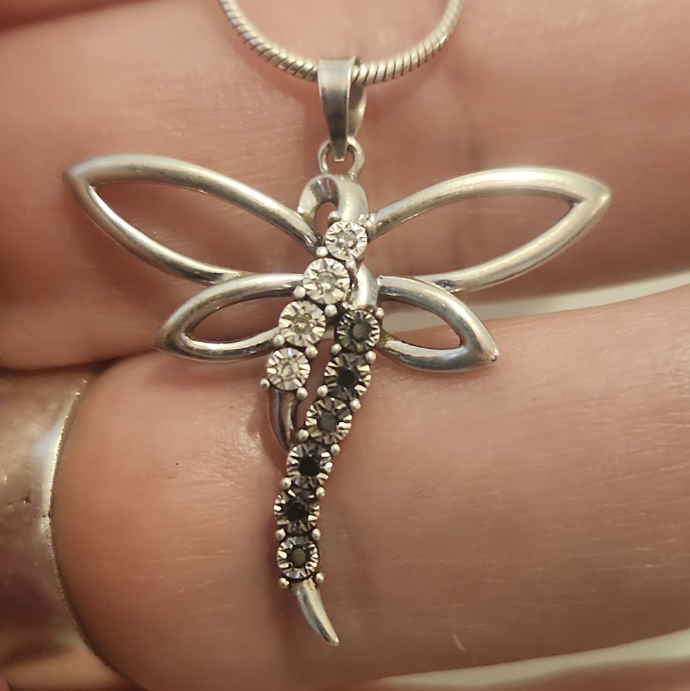Black & White Diamond Sterling Dragonfly Pendant & Chain